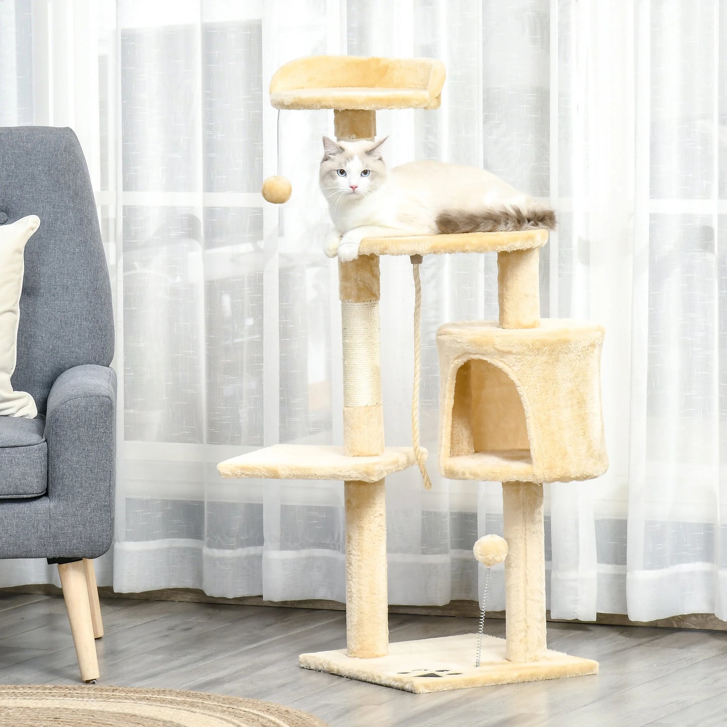 Kattenkrabpaal - Krabpaal - met Huisje - Meerdere Niveaus - Platforms en Speelballen - 114 cm Hoog - Stevig en Duurzaam - Beige - QUORE