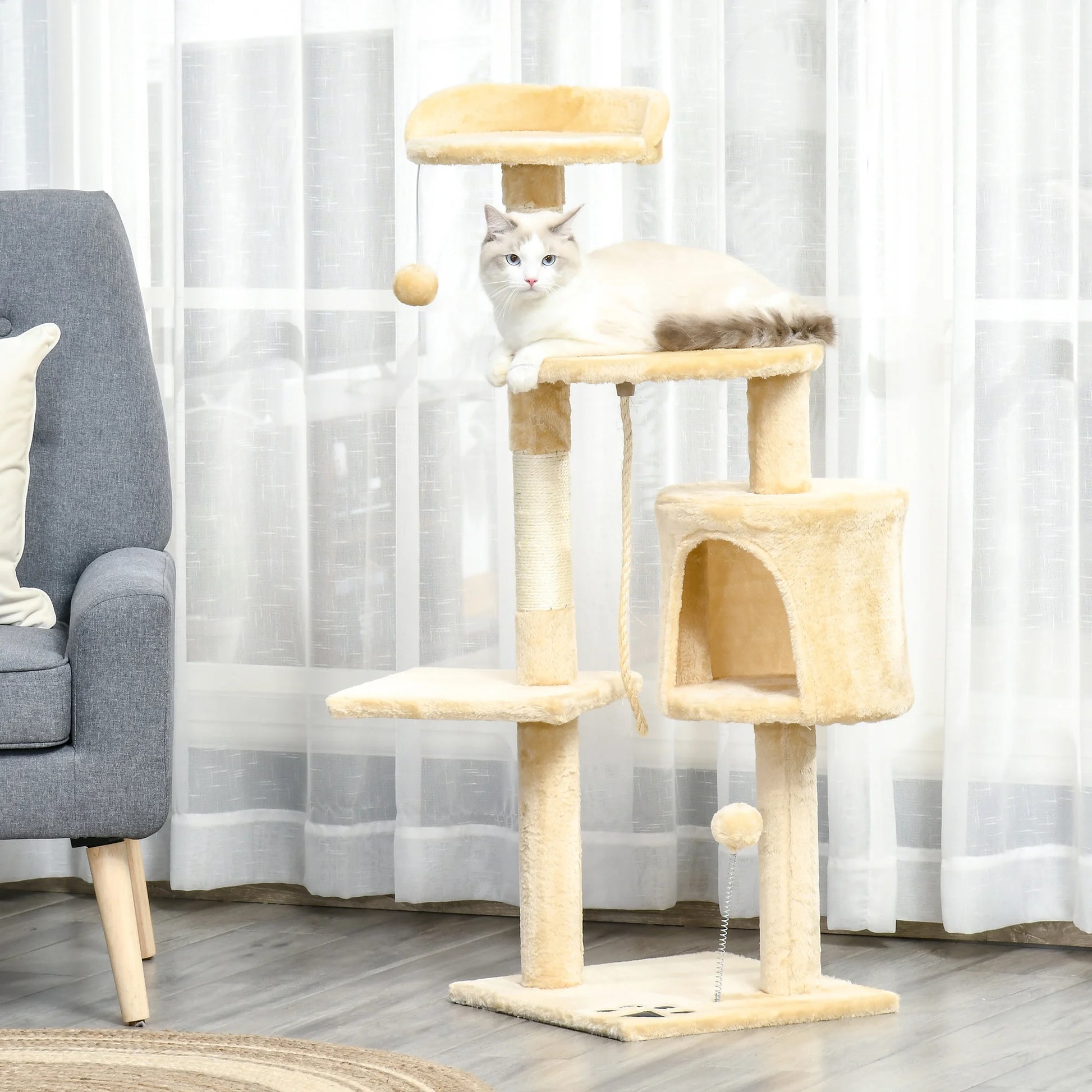Kattenkrabpaal - Krabpaal - met Huisje - Meerdere Niveaus - Platforms en Speelballen - 114 cm Hoog - Stevig en Duurzaam - Beige - QUORE