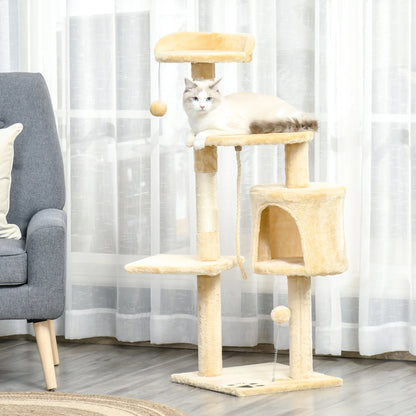 Kattenkrabpaal - Krabpaal - met Huisje - Meerdere Niveaus - Platforms en Speelballen - 114 cm Hoog - Stevig en Duurzaam - Beige - QUORE