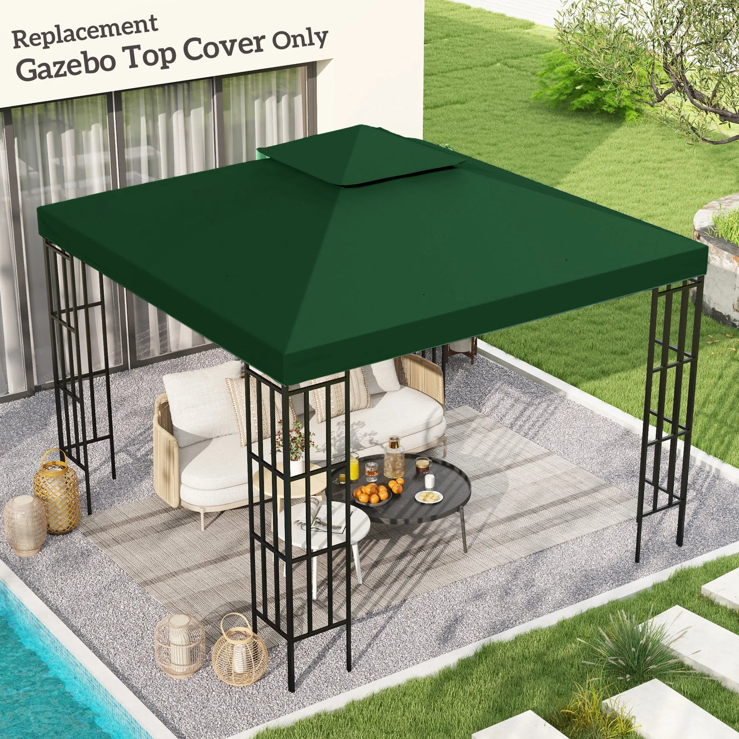 Vervangend Dak voor Tentstructuur - 3x3m - Paviljoen Groene Bedekking - UV-bestendig - Ademend Polyester - Verstelbare Bevestiging