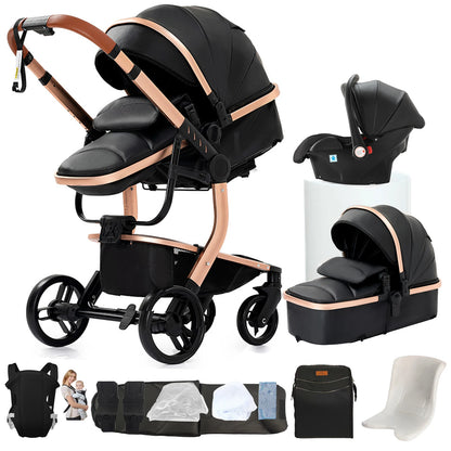 3 in 1 Baby Stroller with Leather Handle High Landscape Foldable Lightweight Pushchair Reclining Seat for Newborn to Toddler