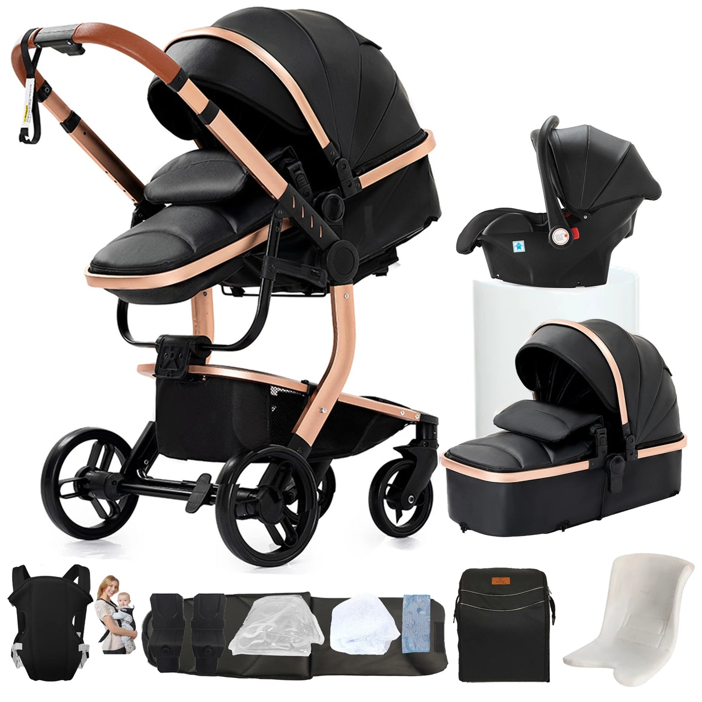 3 in 1 Baby Stroller with Leather Handle High Landscape Foldable Lightweight Pushchair Reclining Seat for Newborn to Toddler