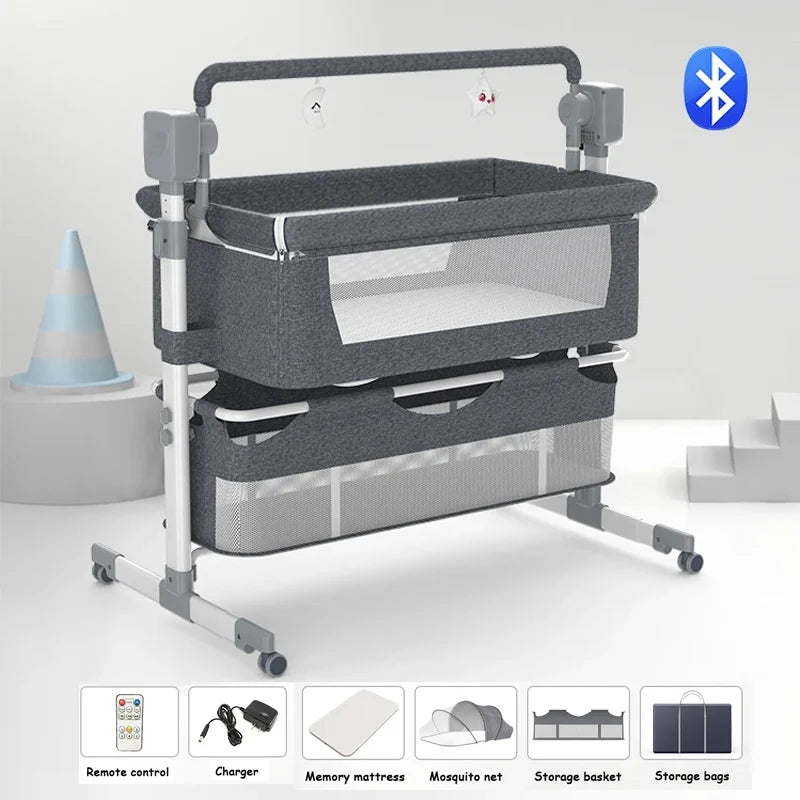 3 in 1 Baby Crib Smart Electric Bassinet Bedside Sleeper Foldable Portable with Bluetooth Music Auto Rocking Timer Baby Cot