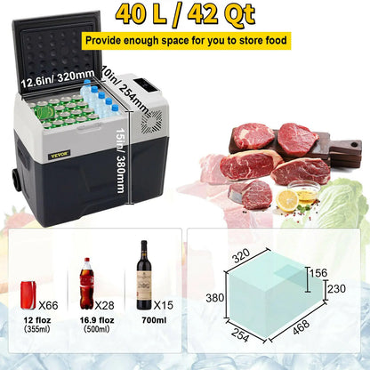 Koelkast - Minikoelkast - Minifridge - Minikoelkast voor drankjes - kleine koelkast - Koelkasten - 42Qt 40L - 12/24V DC 240V - Ijsvak voor Camping, Picknick - QUORE