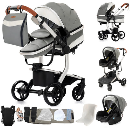 3 in 1 Baby Stroller Leather Waterproof Travel System Pushchair Reclining Seat Infant Carriage with Car Seat High Landscape Baby