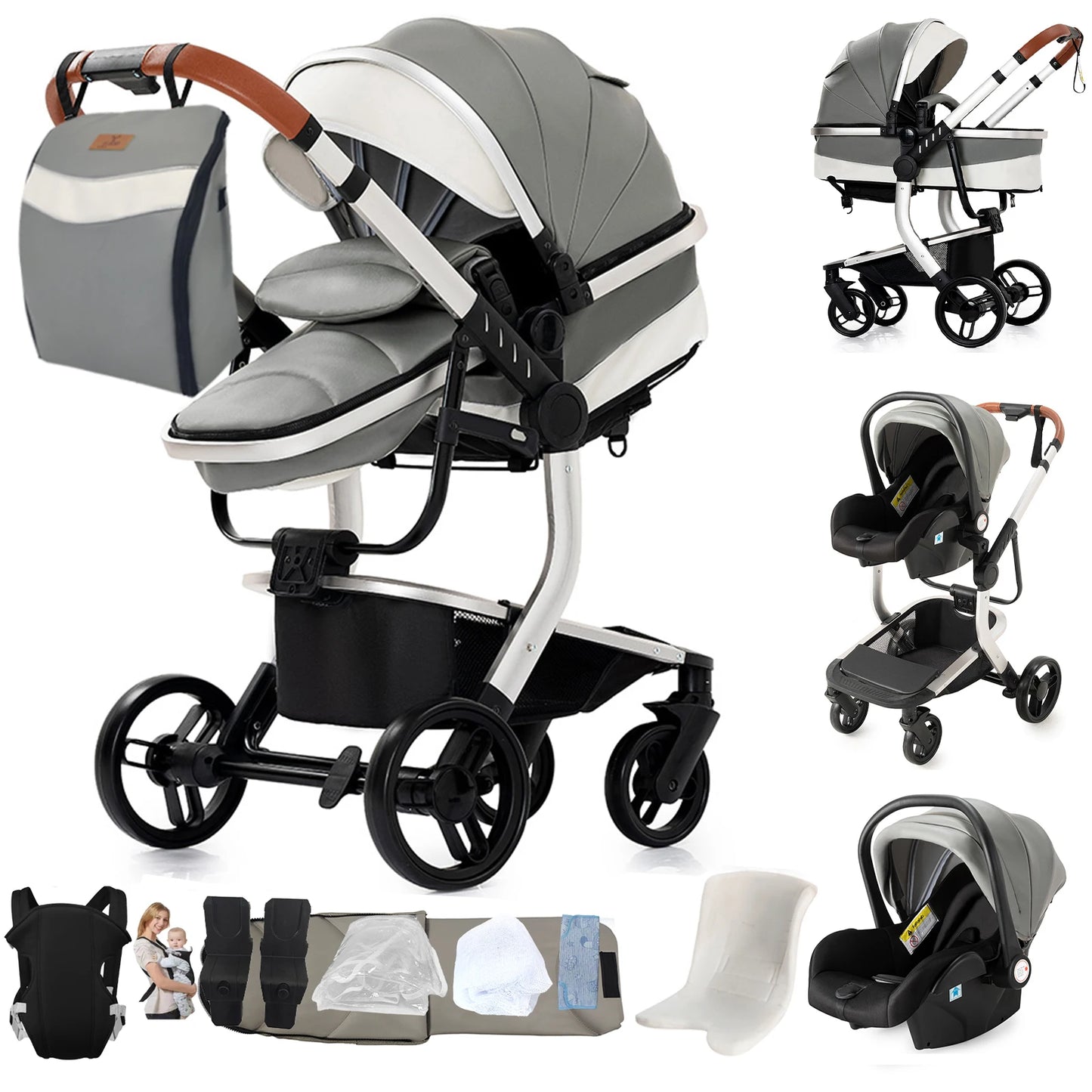 3 in 1 Baby Stroller Leather Waterproof Travel System Pushchair Reclining Seat Infant Carriage with Car Seat High Landscape Baby