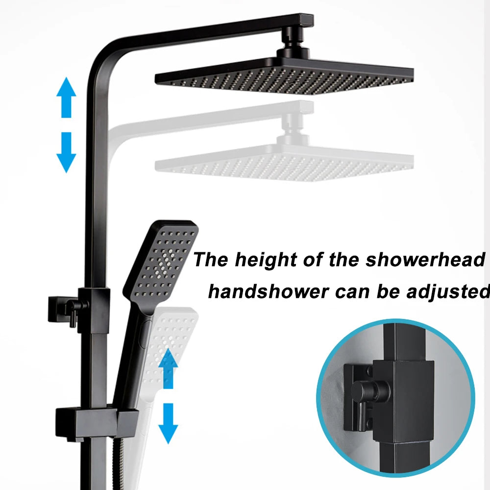 Douche - Regendouche - Douchewand - Douchekolom - Douchepanelen - Mat Zwarte Thermostatische Regendouche Set – Badkraan met Opbergrek & Verstelbare Hoogte - Zwart