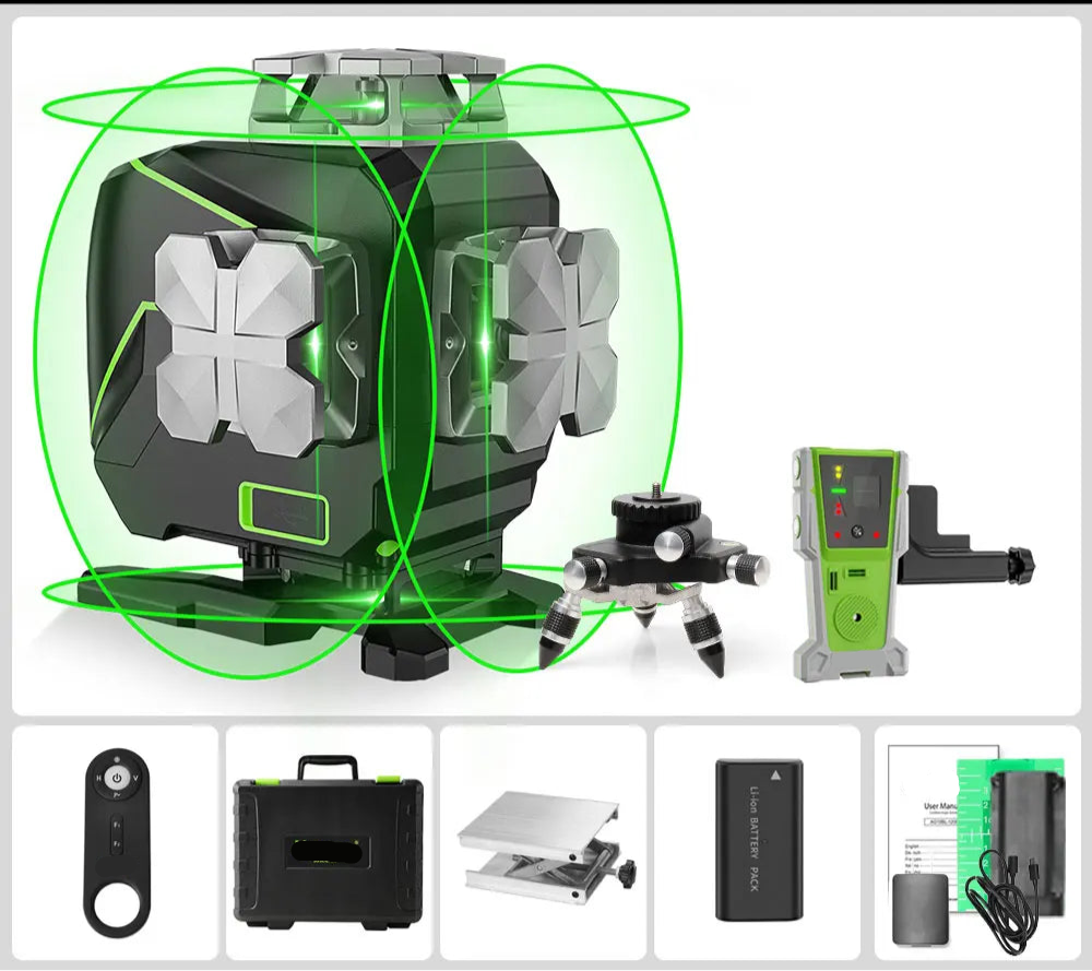 Laserwaterpas – Kruislijnlaser – Lijnlaser – Bouwlaser – Zelfnivellerend – 16 Groene Lijnen – Bluetooth Bediening - met Ontvanger - Adapter