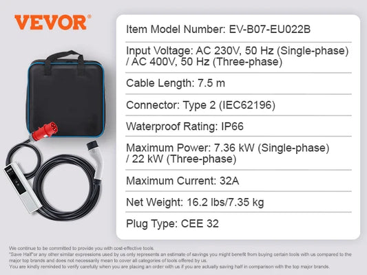SucceBuy Portable EV Charger Type 2 16A 3.68kW/11kW or 32A 7.36kW/22kW with 7.5 M Charging Cable CEE Plug LCD Home EV Charging