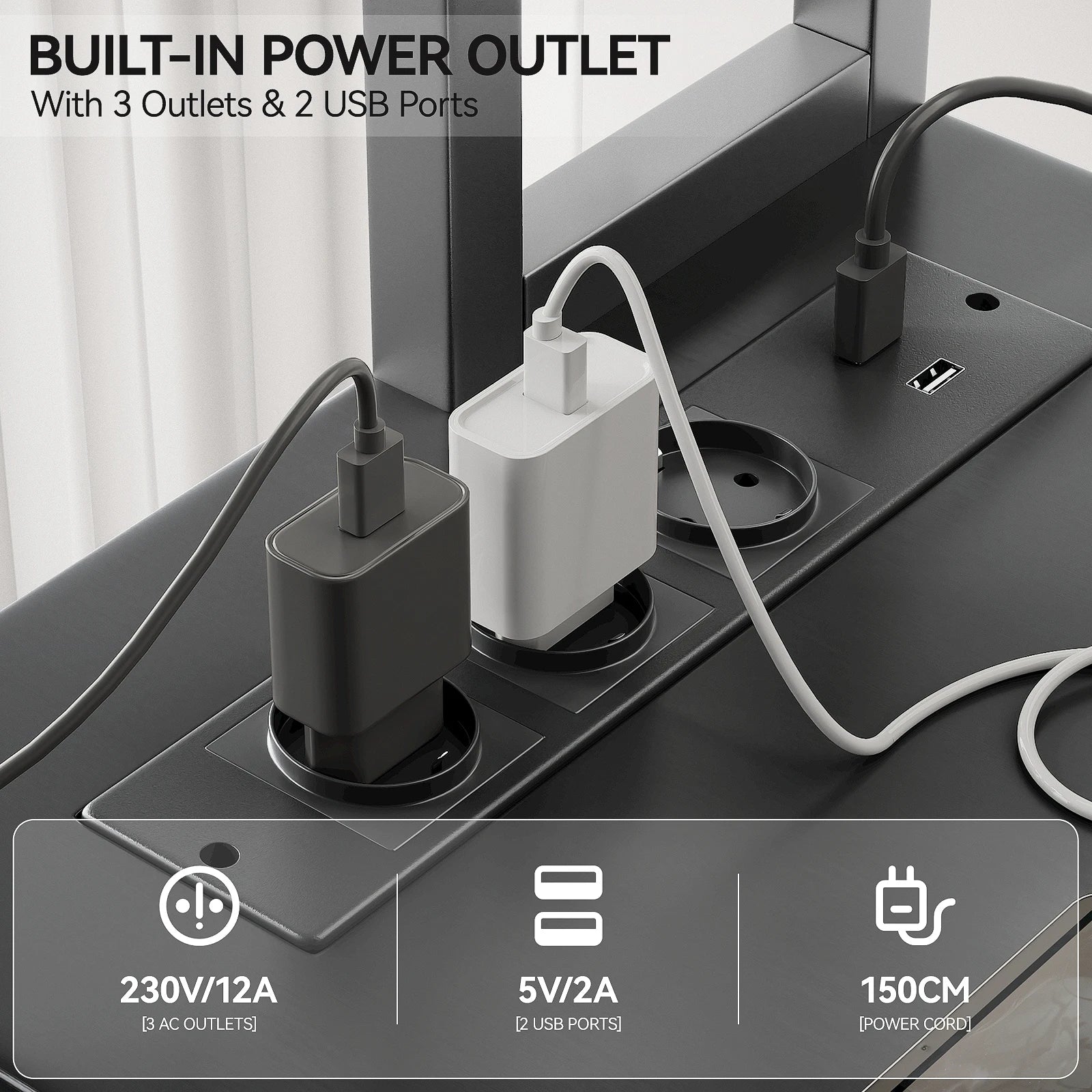 2-in-1 L-vormige Bureautafel – Hoekbureau – Gametafel – Werkplek Bureau – Thuiswerkbureau – Verstelbaar 140x140 / 230 cm – Ergonomische Monitortray – Geïntegreerde Power Hub - QUORE
