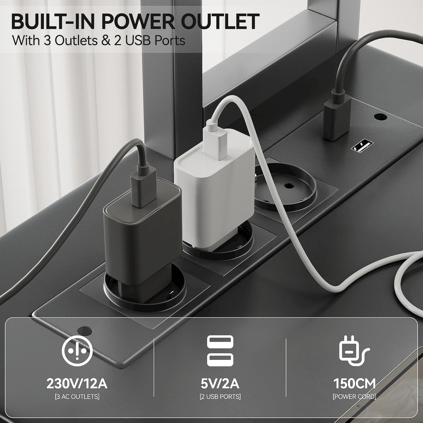 Bureau – Werkplek – Gametafel – Computertafel – Bureauhoek – Beige – 2-in-1 Verstelbaar Ontwerp – Geïntegreerde Power Hub - QUORE