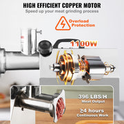 Elektrische Gehaktmolen - Voor alle soorten Vlees - Roestvrij staal - Vleesmolen - Vleesmolens - worstenmaker - 1100W - 794 LBS/h - 2 messen - 3 slijpplaten - 304 roestvrij staal - Zilver