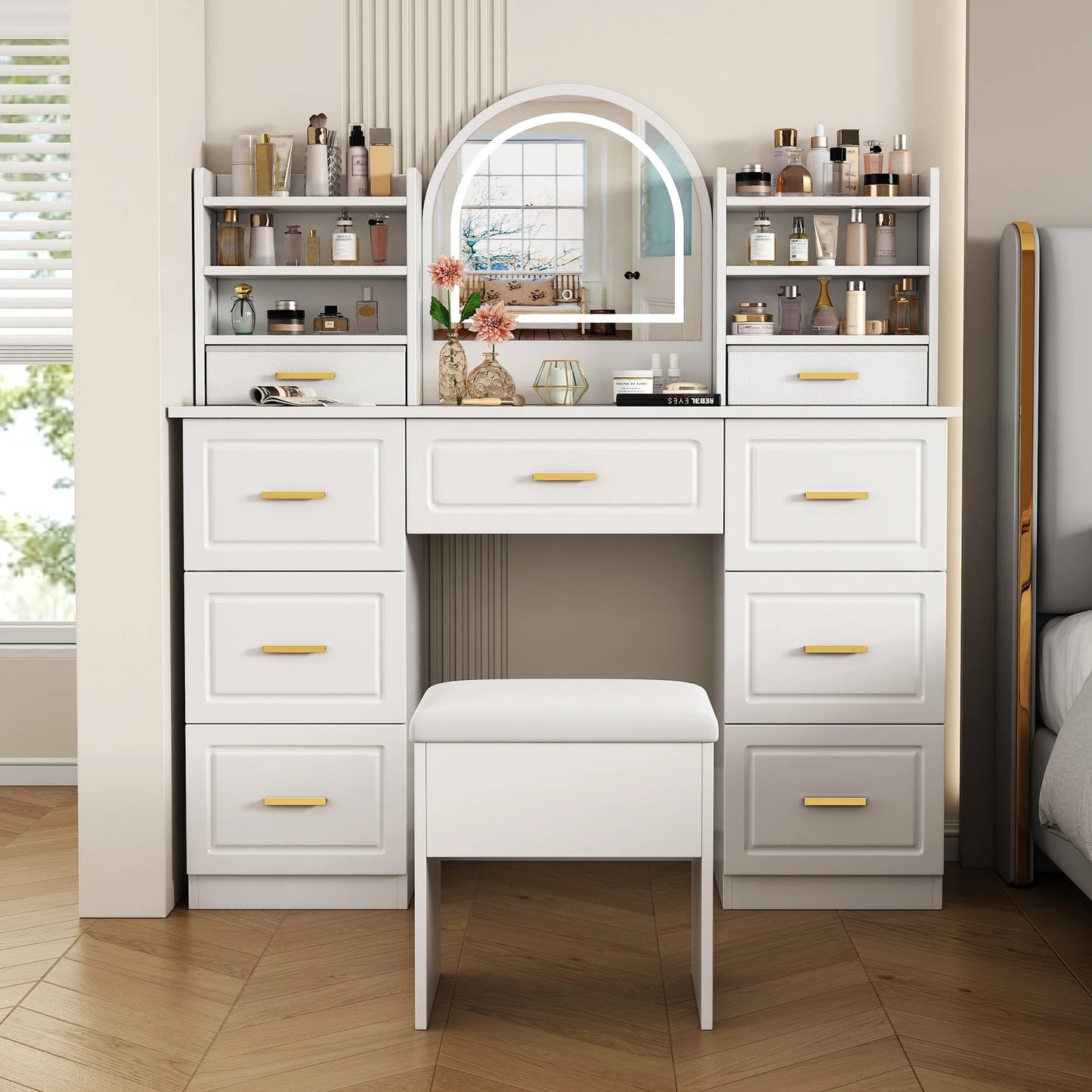 Kaptafel – Make-uptafel – Schoonheidstafel – Dressingtafel – 9 Laden – Led-Verlichting – Stevig Materiaal