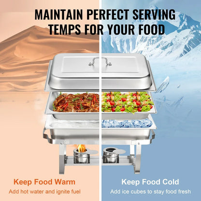 Chafing Dish - Warmhoudplaat - Buffetwarmer Set - Rechaud -  Rechthoekige RVS Warmhoudschalen - 2 Stuks - 8QT - met Opvouwbaar Onderstel en Brandstofhouders - Zilver