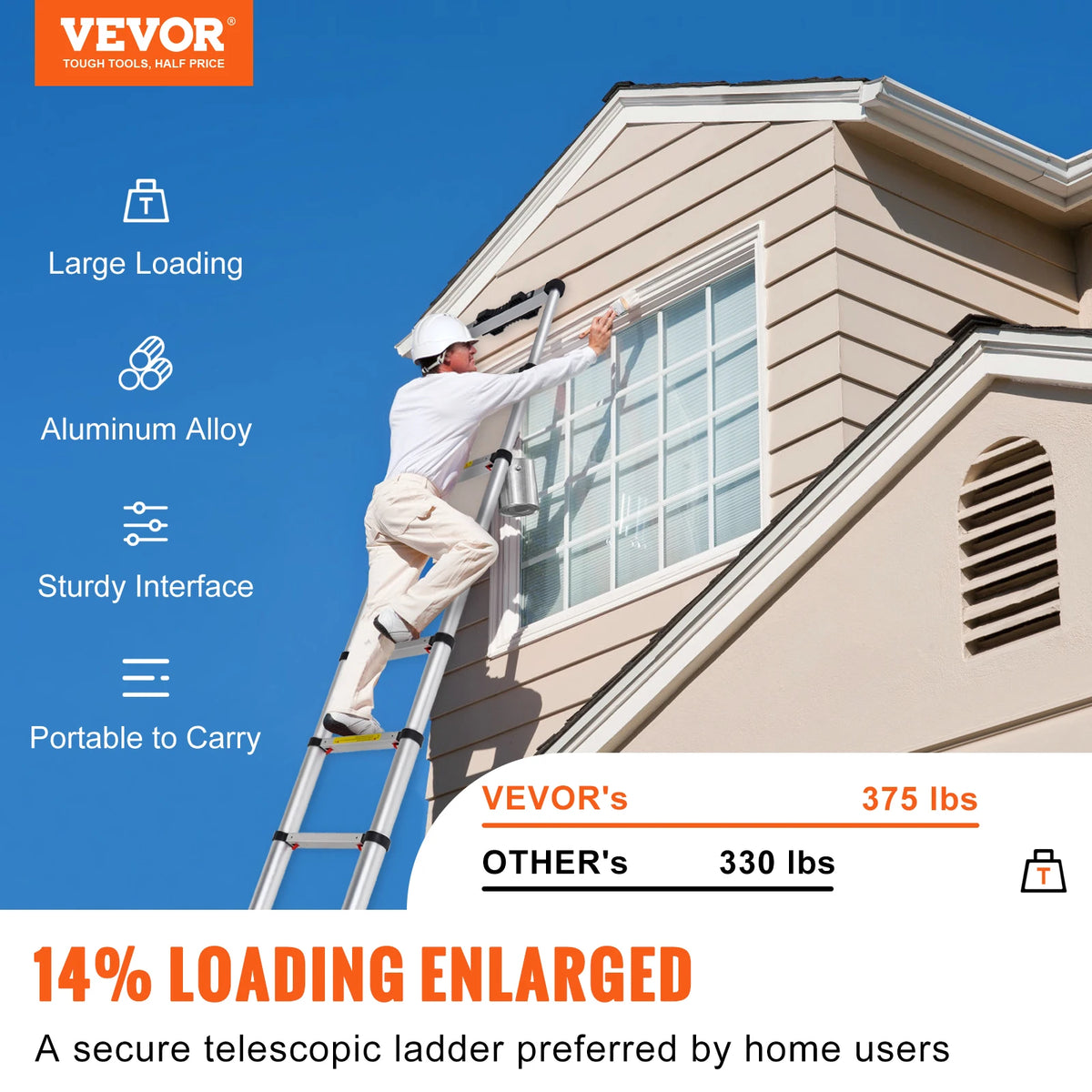 Vevor - Stepladder - Telescopic Ladder - Aluminum - One Button Retractable Extension - 375 LBS - 12.5 ft - Capacity - Non-Slip - Silver