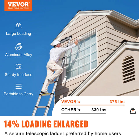 Vevor - Stepladder - Telescopic Ladder - Aluminum - One Button Retractable Extension - 375 LBS - 12.5 ft - Capacity - Non-Slip - Silver