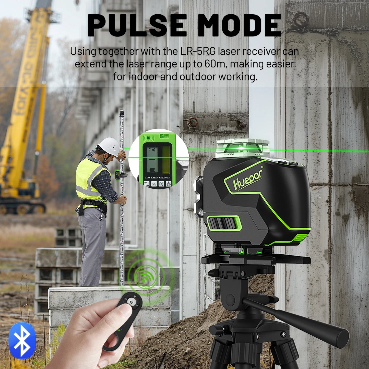 Huepar S04CG-C Set 4D 16 Lines Cross Line Laser Level LCD/Bluetooth/Remote Laser Tools With Detector Tripod Rangefinder Adapter