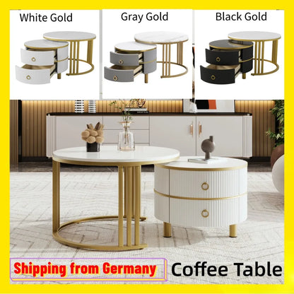 Salontafel – Koffietafel – Bijzettafel – Woonkamertafel – Rond – Set Van 2 – Met 2 Lades – MDF & Vurenhout – Groot 70x70x46 cm & Klein 50x50x40 cm