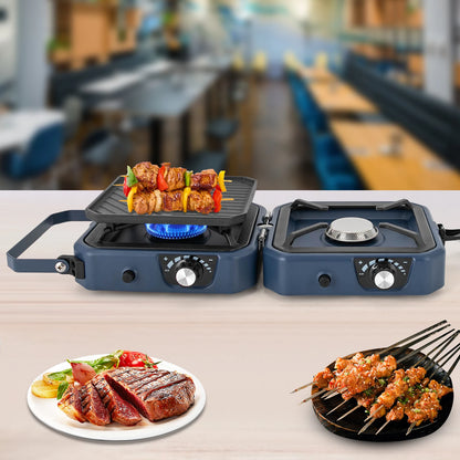 Kooktoestel - Gasstel - Campinggasfornuis - Campingmeubelen - 2-in-1 - met Grillplaat - 2 Branders - Inklapbaar - Draagbaar -  voor Buitenactiviteiten - Kamperen - Noodsituatie - 53.8 x 6.9 cm - Blauw