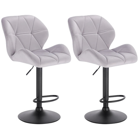 Adjustable Bar Stool - Bar Stool - Bar Stools with Backrest - Set of 2 - 360° Rotatable - Gas Spring - Steel Footrest - Leather Seat - Light Gray Velvet