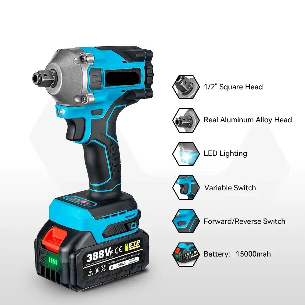 Slagmoersleutel - Slagschroevendraaier - Slagmoermachine - Elektrische - Brushless - 1000Nm - 20V - 1/2 Inch - Slagmoersleutelset - Borstelloos, Snoerloos -Zonder Accu