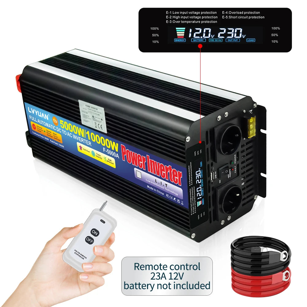 Inverter – Spanningsomvormer – Omvormer – DC naar AC Converter – Solar Omvormer – 12V-24V naar 220V 50Hz – 10000W Piekvermogen – LCD Display