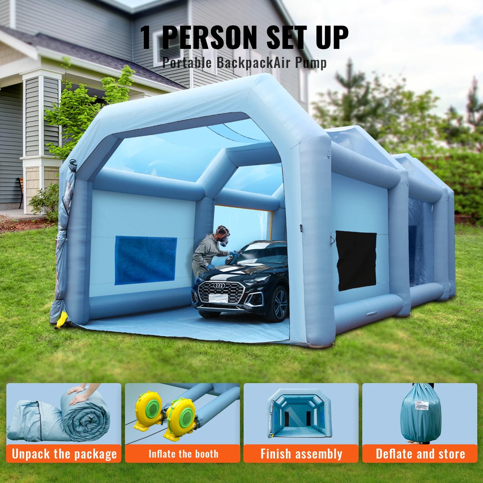 Opblaasbare Spuitcabine - Verfcabine - Verftent - Spray Booth - 7x4x2.75m - met Luchtfilters en Ventilatoren - Mobiele Spuittent - voor Auto's en Meubels - QUORE