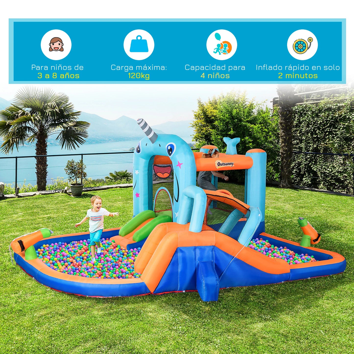 Bouncy Castle met Glijbaan voor Kinderen 3-8 Jaar - Multicolor - 420x370x230 cm - Met Pomp en Draagtas