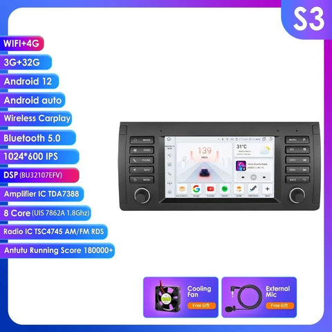 CarPlay - Multimedia Autoradio - Car CarPlay Scherm - Autoradio - 2 Din - Android 12 - Auto Multimedia Speler - Navigatie - voor BMW E39 E53 M5 1995-2003 - Audio Stereo - BT - GPS - Wifi - S3 (8Core 3G 32G)