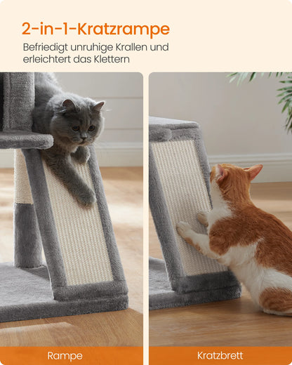Krabpaal - Kattenboom - met Grote Observatieplatform - 96 cm - Krabplank - en Ramp - Stabiel - Arbre a Chat - Geschikt voor Kittens - en Volwassen Katten - Pluche - Sisal Beklede Kolommen - Lichtgrijs