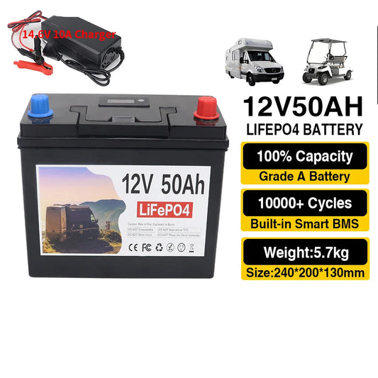 Batterij - Solar batterijen - Powerstation - Zonne opslag - Lithium IJzer Fosfaat Batterij - Opslag - 12V - 50AH - LiFePO4 Batterij met Ingebouwde BMS voor RV, Campers, Golfkarren en Zonne-opslag