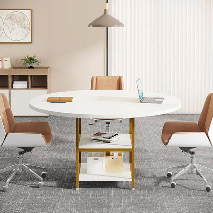 Ronde Vergadertafel – Meetingtafel – Overlegruimte – Werktafel – Conferentietafel – 120 Cm Diameter – Wit Tafelblad – Met Opbergruimte - 120 x 120 x 75 cm - Wit-Goud