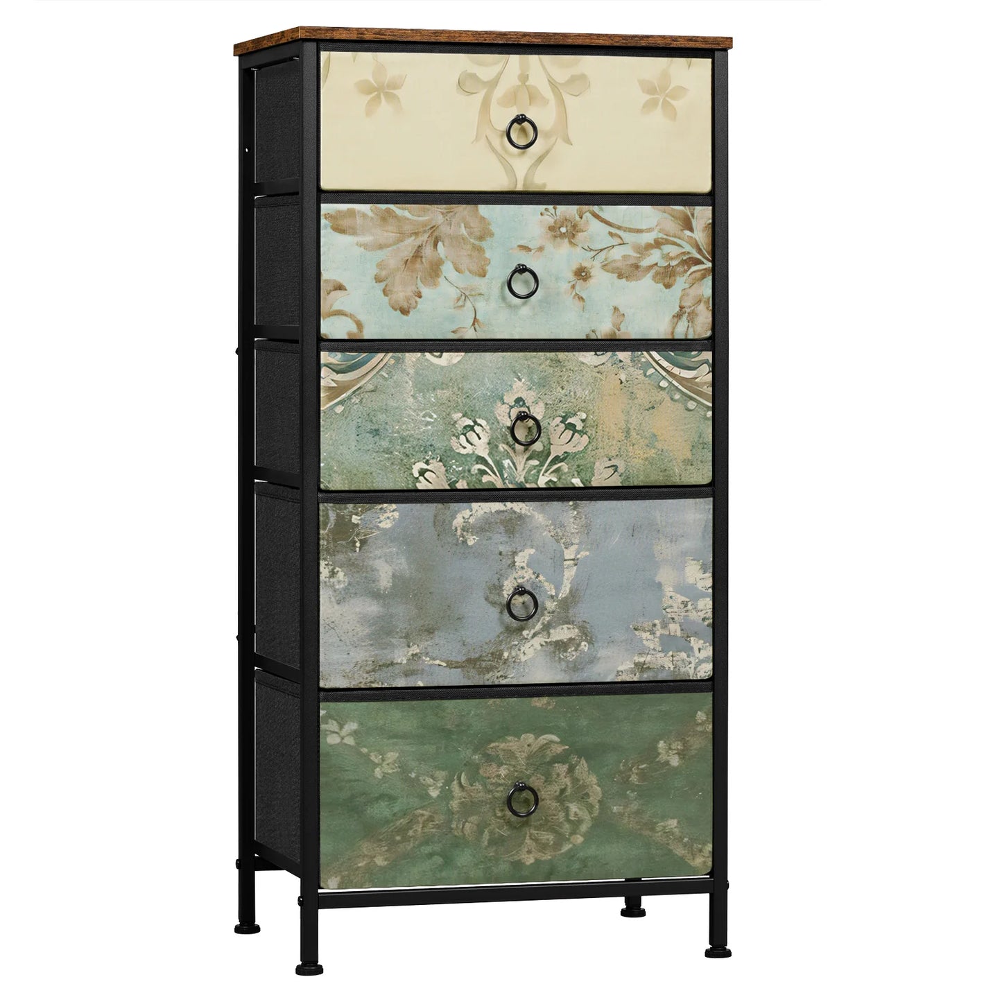 Ladenkast - Dressoir Kasten - Ladekast met 5 Stoffen Lades - Vintage Houtlook – Stabiele Opbergkast - Metaal Frame – Voor Slaapkamer - Woonkamer - Hal - 45.5x95.5 x30cm - Bloemmotief