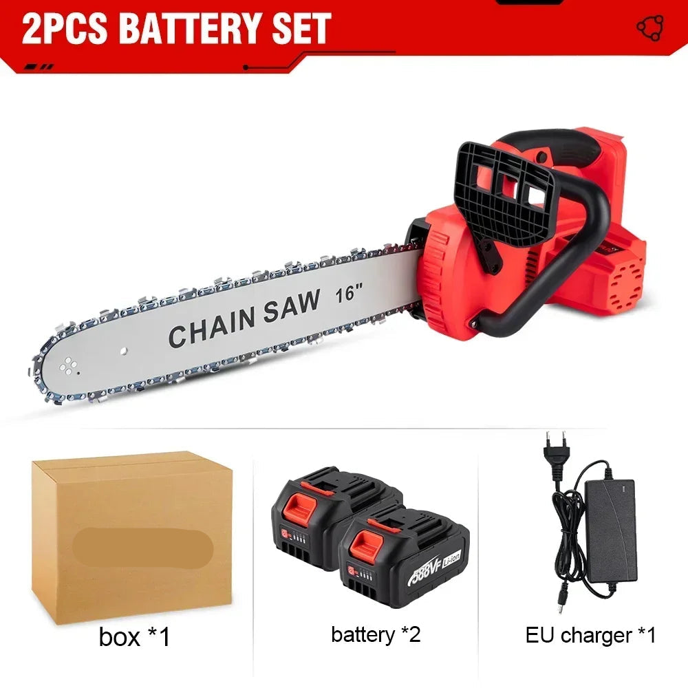 Elektrische Kettingzaag - Snoeizaag - Zaagblad van 40 cm - 16 Inch - 7980W - Draadloos - Borstelloos - Snijden - Compatibel met 18V Accu - voor Tuinonderhoud - Renovatie - 2 Batterij