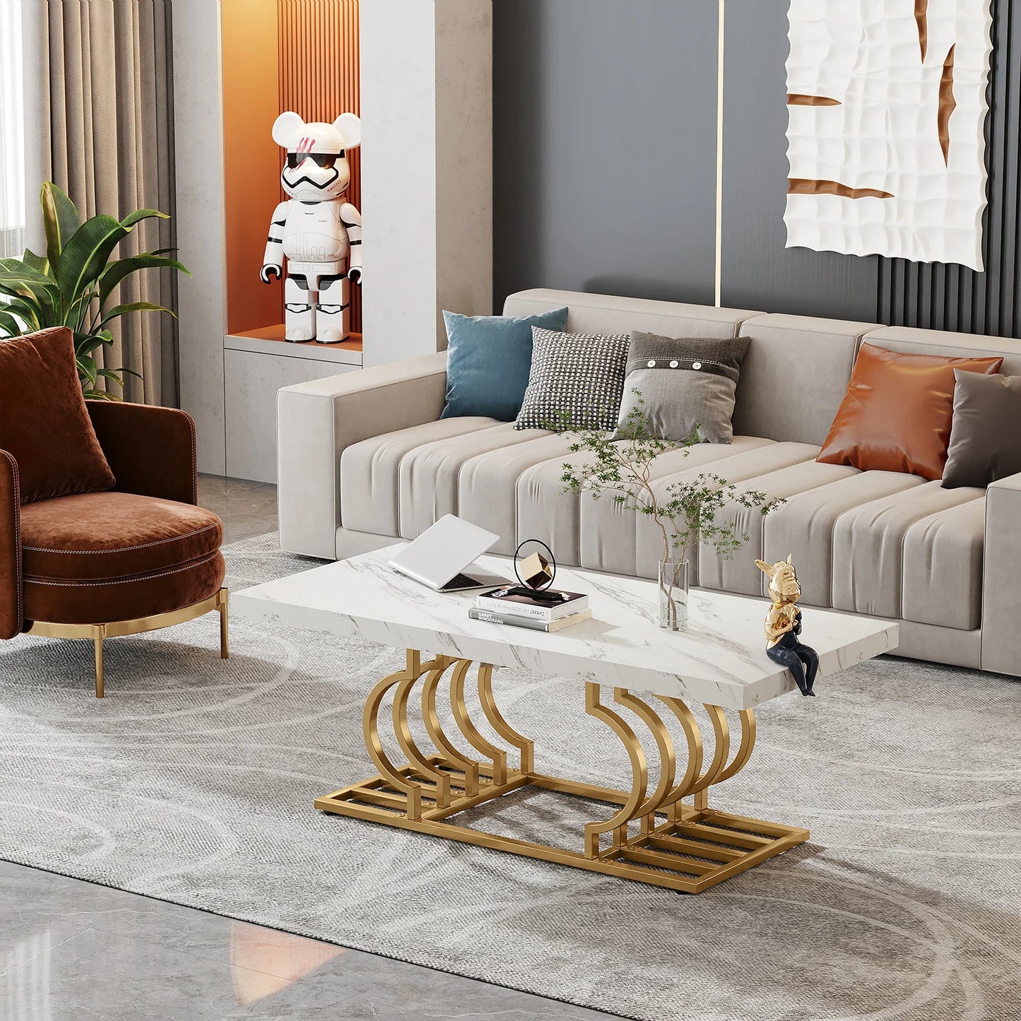 Salontafel – Koffietafel – Bijzettafel – Woonkamertafel – Tafel – Marmerlook Tafelblad – Geometrisch Metalen Frame – 120x60 cm – Lichtgewicht Design - QUORE
