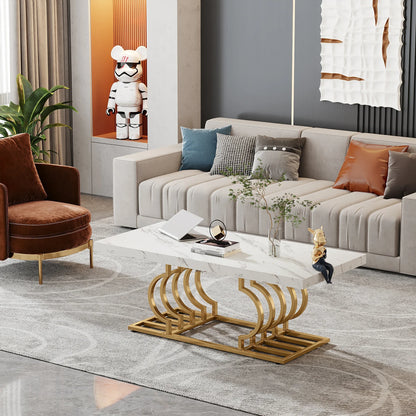 Salontafel – Koffietafel – Bijzettafel – Woonkamertafel – Tafel – Marmerlook Tafelblad – Geometrisch Metalen Frame – 120x60 cm – Lichtgewicht Design - QUORE