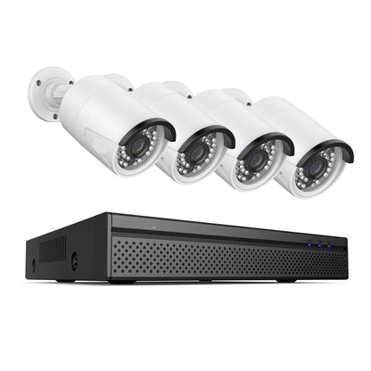 Beveiligingssysteem – 4 Stuks - Camerasysteem – PoE Camera – NVR Systeem – 8MP Resolutie – Nachtzicht 30 Meter – Bewegingsdetectie - 8CH - Geen Ingebouwde HDD - QUORE