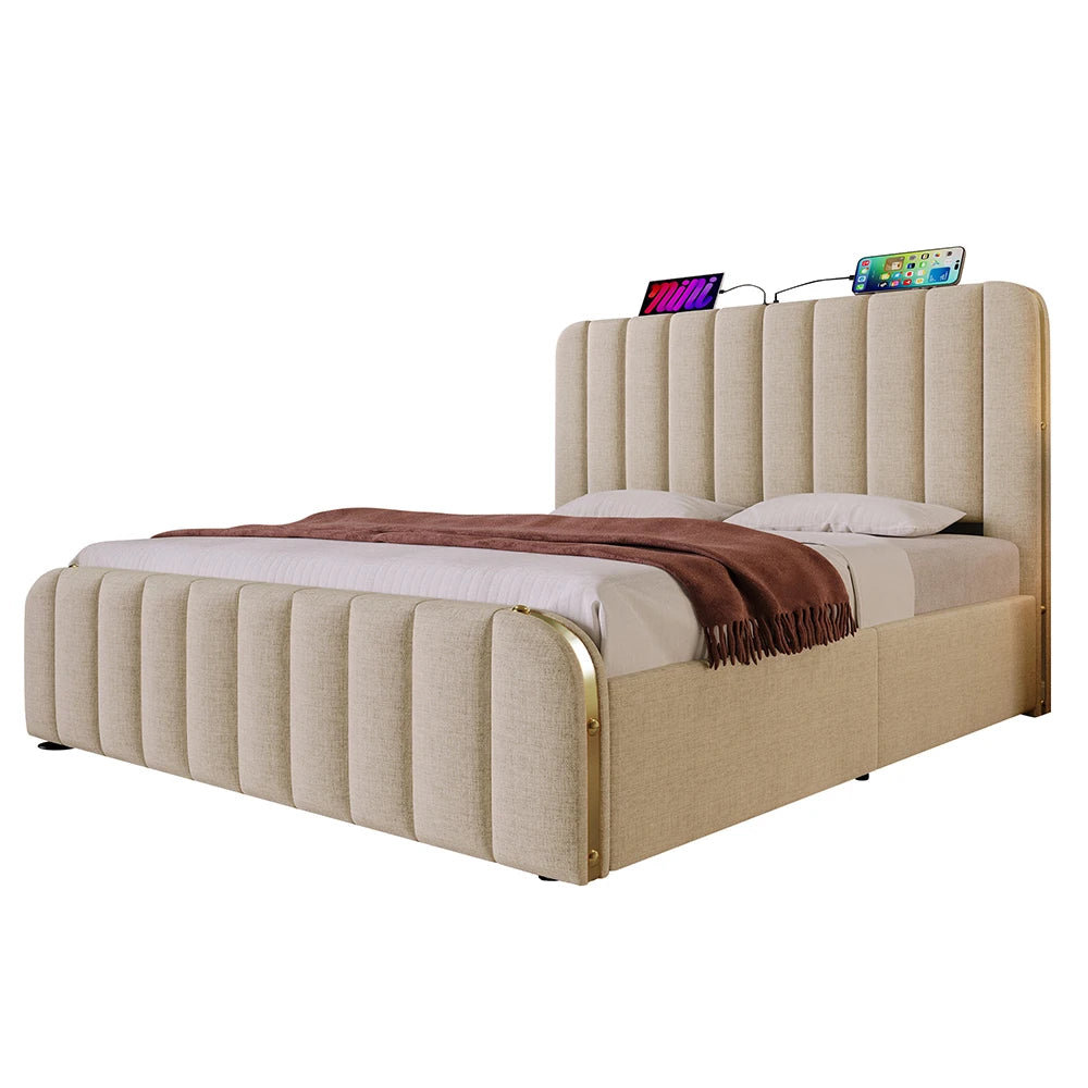 Tweepersoonsbed – Bed – Slaapbed – Boxspring – Bedframe – Beige Linnen – 180x200 cm – Geïntegreerde USB en Type-C Oplaadpunten – 4 Ruime Opberglades