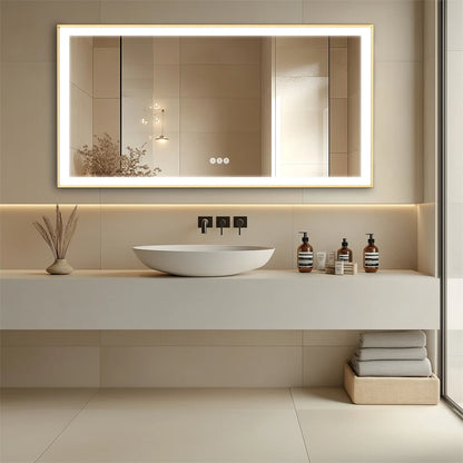 LED Badkamerspiegel – Badkamer Spiegel – Wandspiegel – Make-Up Spiegel – Toiletspiegel – 100x60 cm – Goudkleurig Aluminium Frame – Anti-Condens Met Touchbediening