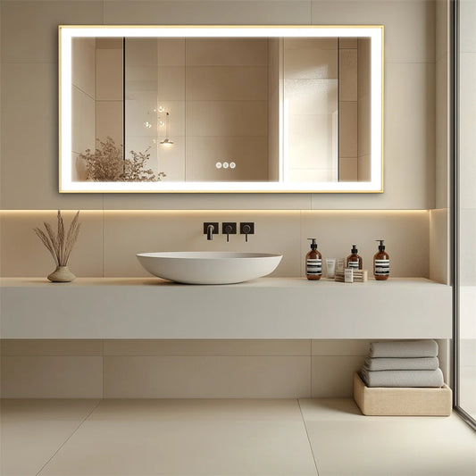 LED Badkamerspiegel – Badkamer Spiegel – Wandspiegel – Make-Up Spiegel – Toiletspiegel – 100x60 cm – Goudkleurig Aluminium Frame – Anti-Condens Met Touchbediening