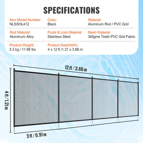 Fence - Pool Fence - Fencing Net - for Inground Pools - 4 x 12ft - Removable - Teslin PVC - Protects Children and Pets