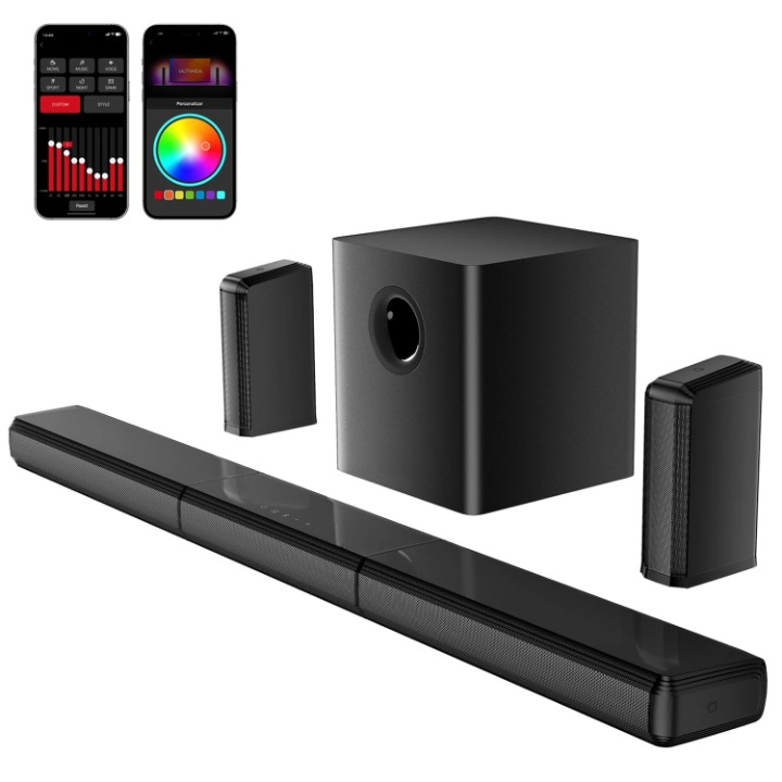 Soundbar - 7.1ch - Soundbar voor TV - Afneembare Soundbar - met 2 Surround-Luidsprekers - Subwoofer - RGB - APP-bediening - 102dB - 45Hz-20KHz - Compatibel met AUX - Optical Input - USB - Bluetooth - HDMI - Zwart