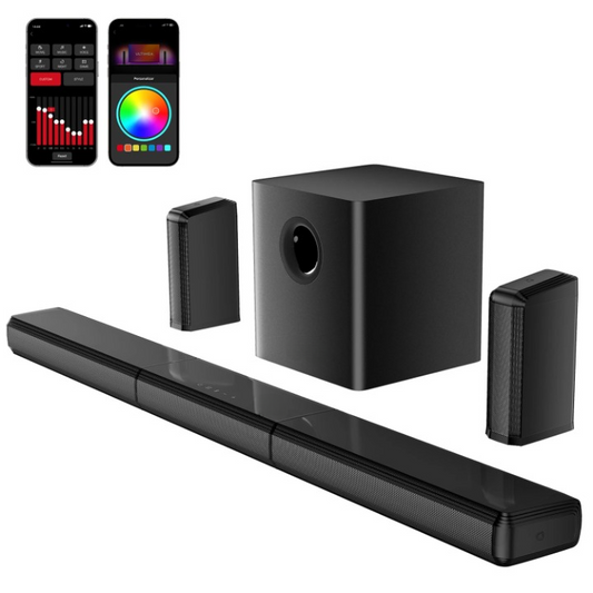 Soundbar - 7.1ch - Soundbar voor TV - Afneembare Soundbar - met 2 Surround-Luidsprekers - Subwoofer - RGB - APP-bediening - 102dB - 45Hz-20KHz - Compatibel met AUX - Optical Input - USB - Bluetooth - HDMI - Zwart