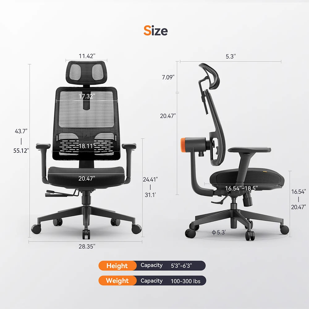 Ergonomische Bureaustoel - Gaming Stoel - Stoelen - Bureaustoelen - met Adaptieve Lendensteun - Verstelbare Hoofdsteun - en Zitdiepte - 4D Armleuningen - Kantelbare Rugleuning - Geschikt voor 160-195cm Lengte - Zwart