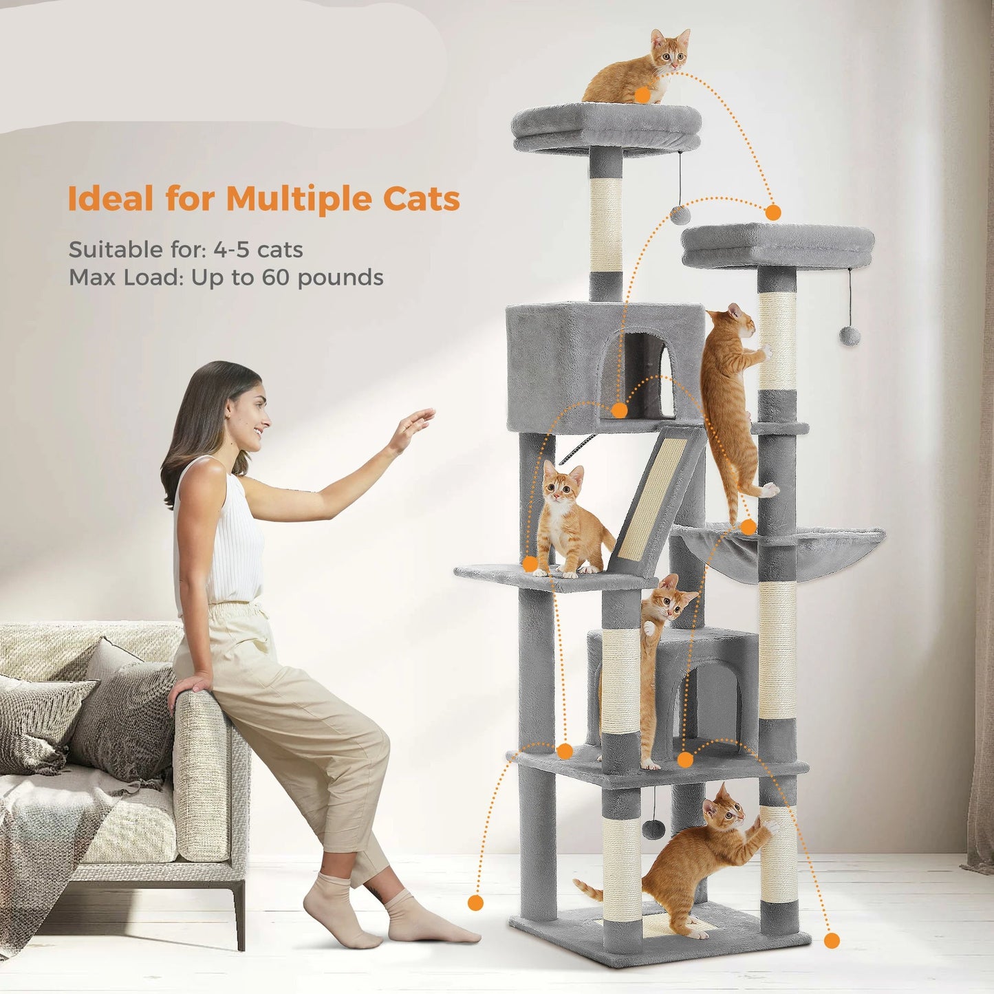 Kattenboom - voor Grote Binnenkatten – Krabpaal - Hoog Kattenmeubel - met Natuurlijke Sisal Krabpalen - Extra Grote Hangmat - 2 Kattenhuisjes - Meerdere Verdiepingen – Arbre a Chat - 180cm - Beige