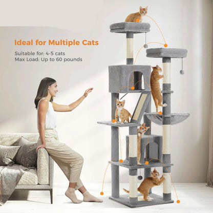 Kattenboom - voor Grote Binnenkatten – Krabpaal - Hoog Kattenmeubel - met Natuurlijke Sisal Krabpalen - Extra Grote Hangmat - 2 Kattenhuisjes - Meerdere Verdiepingen – Arbre a Chat - 180cm - Donkergrijs