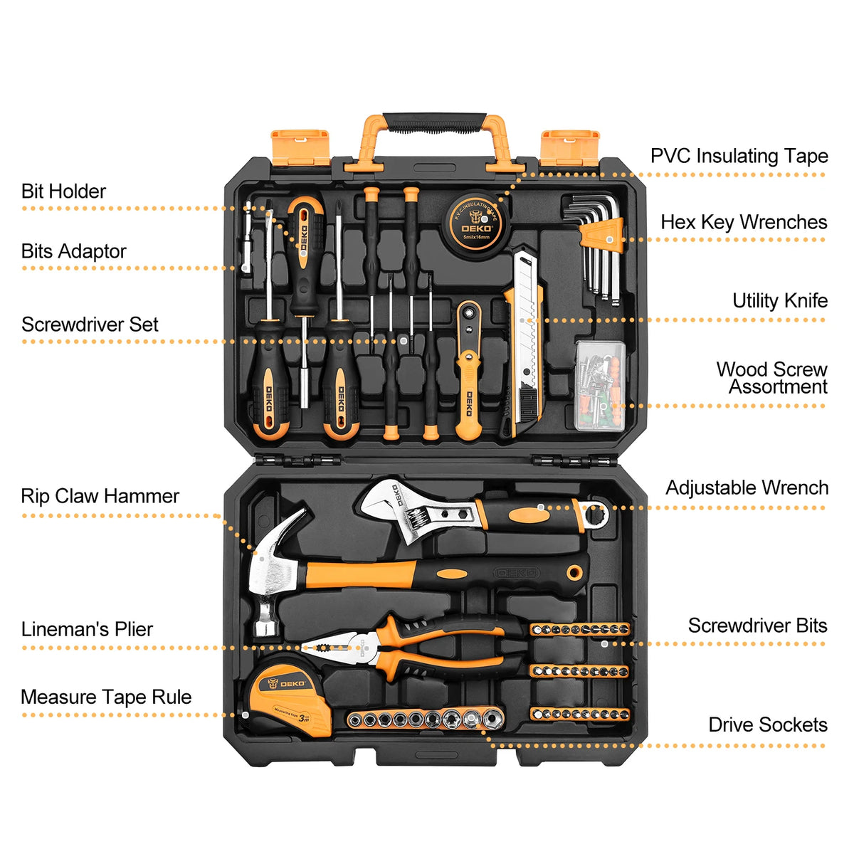 Deko - Gereedschapskoffer - Basisgereedschapset - 100-delig - Gereedschap - Gereedschapsset - Gemengde gereedschapsset - Voor auto Home Depot en kist - DIY algemene huishoudelijke handgereedschapsset - Geel