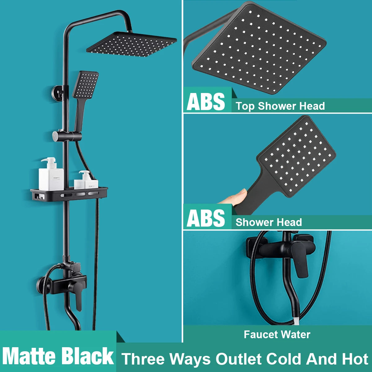 Douche - Regendouche - Douchewand - Douchekolom - Douchepanelen - Mat Regendouche Set – 3-Weg Wandmontage met Mengkraan & Opbergrek - Zwart