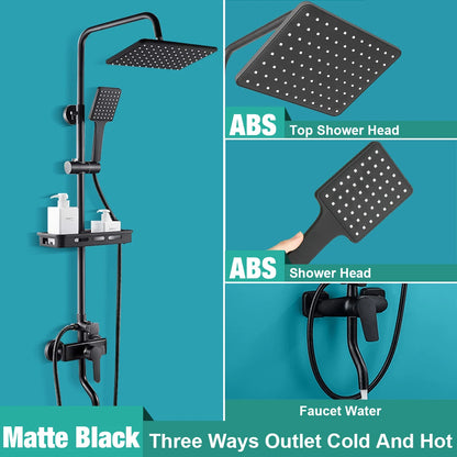 Douche - Regendouche - Douchewand - Douchekolom - Douchepanelen - Mat Regendouche Set – 3-Weg Wandmontage met Mengkraan & Opbergrek - Zwart