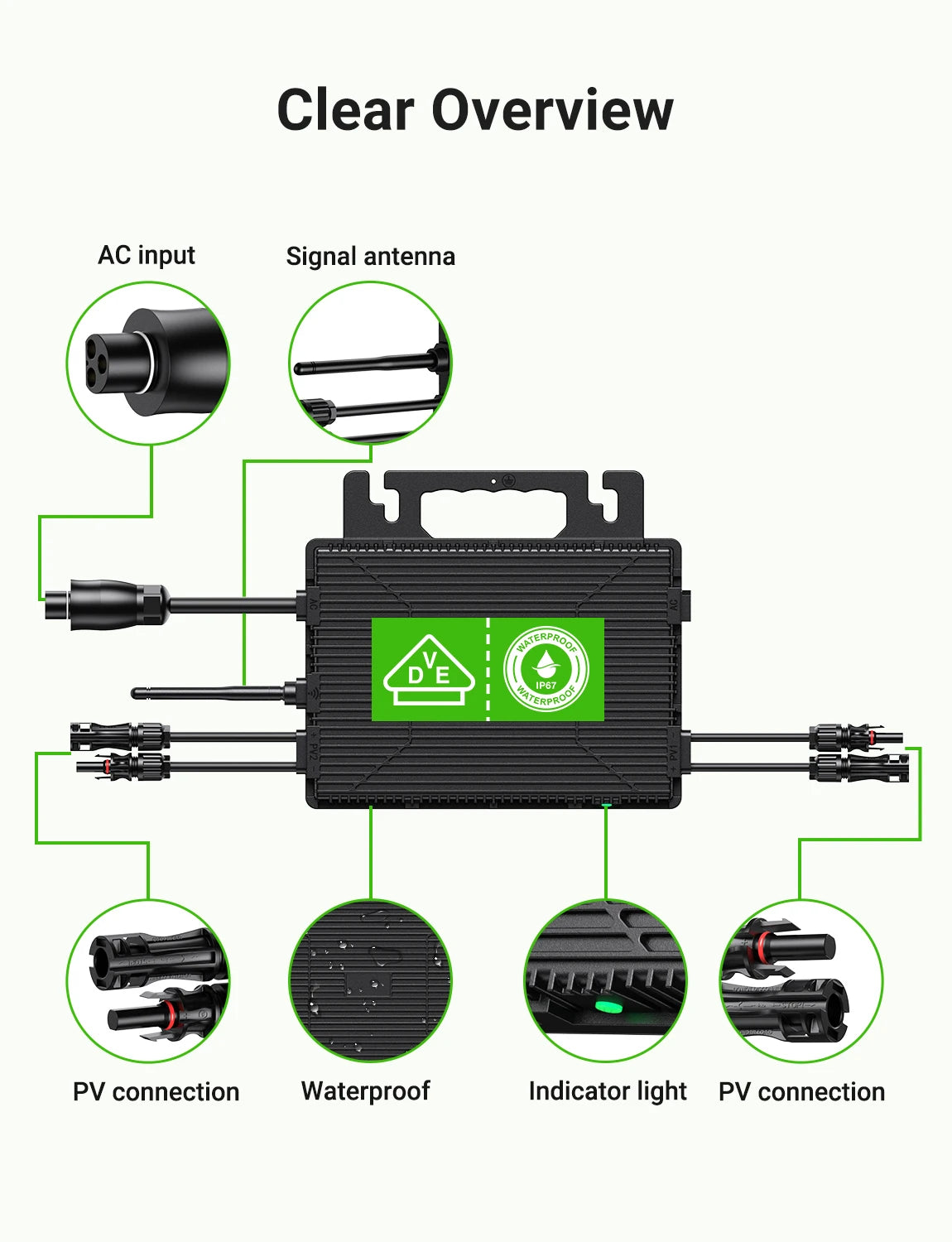 800W Zonnestroom Omvormer – Solar Inverter – Solar Omvormer – Grid Tie Omvormer – Zonnepanelen Omvormer – Wifi Monitoring – Compact IP67 Waterdicht